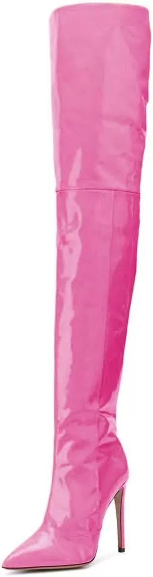imageFSJ Women Fashion Pointed Toe Stiletto Heel Thigh High Over The Knee Boots Pull On Side Zipper Patent Leather Winter Shoes Size 415 USHot Pink