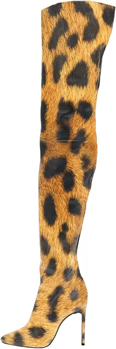 imageFSJ Women Fashion Pointed Toe Stiletto Heel Thigh High Over The Knee Boots Pull On Side Zipper Patent Leather Winter Shoes Size 415 USLeopard