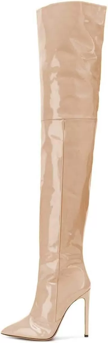 imageFSJ Women Fashion Pointed Toe Stiletto Heel Thigh High Over The Knee Boots Pull On Side Zipper Patent Leather Winter Shoes Size 415 USNude