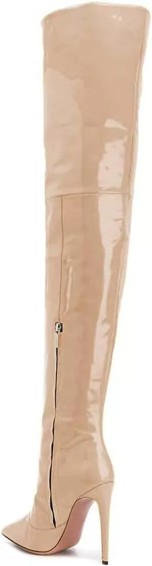 imageFSJ Women Fashion Pointed Toe Stiletto Heel Thigh High Over The Knee Boots Pull On Side Zipper Patent Leather Winter Shoes Size 415 USNude