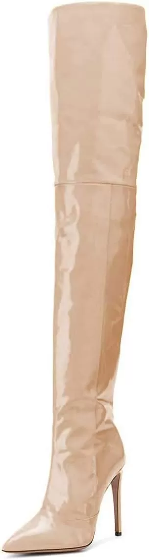imageFSJ Women Fashion Pointed Toe Stiletto Heel Thigh High Over The Knee Boots Pull On Side Zipper Patent Leather Winter Shoes Size 415 USNude
