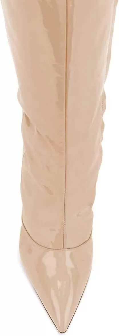 imageFSJ Women Fashion Pointed Toe Stiletto Heel Thigh High Over The Knee Boots Pull On Side Zipper Patent Leather Winter Shoes Size 415 USNude