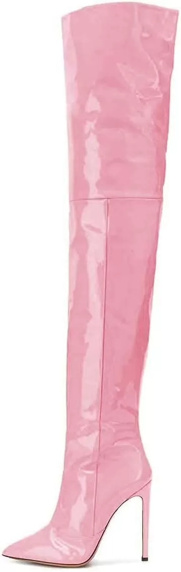 imageFSJ Women Fashion Pointed Toe Stiletto Heel Thigh High Over The Knee Boots Pull On Side Zipper Patent Leather Winter Shoes Size 415 USPink