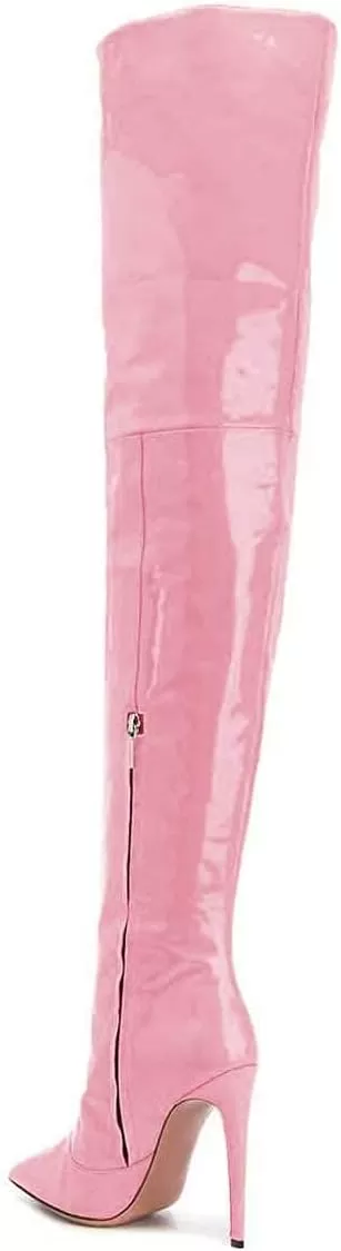 imageFSJ Women Fashion Pointed Toe Stiletto Heel Thigh High Over The Knee Boots Pull On Side Zipper Patent Leather Winter Shoes Size 415 USPink