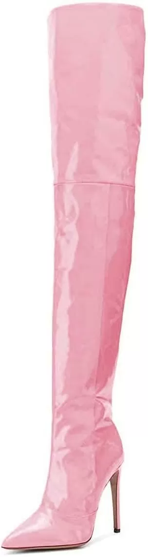 imageFSJ Women Fashion Pointed Toe Stiletto Heel Thigh High Over The Knee Boots Pull On Side Zipper Patent Leather Winter Shoes Size 415 USPink