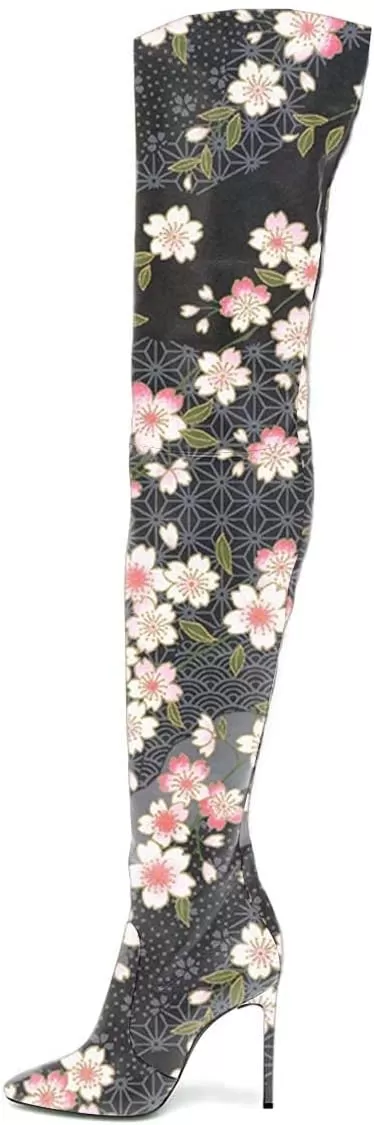 imageFSJ Women Fashion Pointed Toe Stiletto Heel Thigh High Over The Knee Boots Pull On Side Zipper Patent Leather Winter Shoes Size 415 USPink Flower