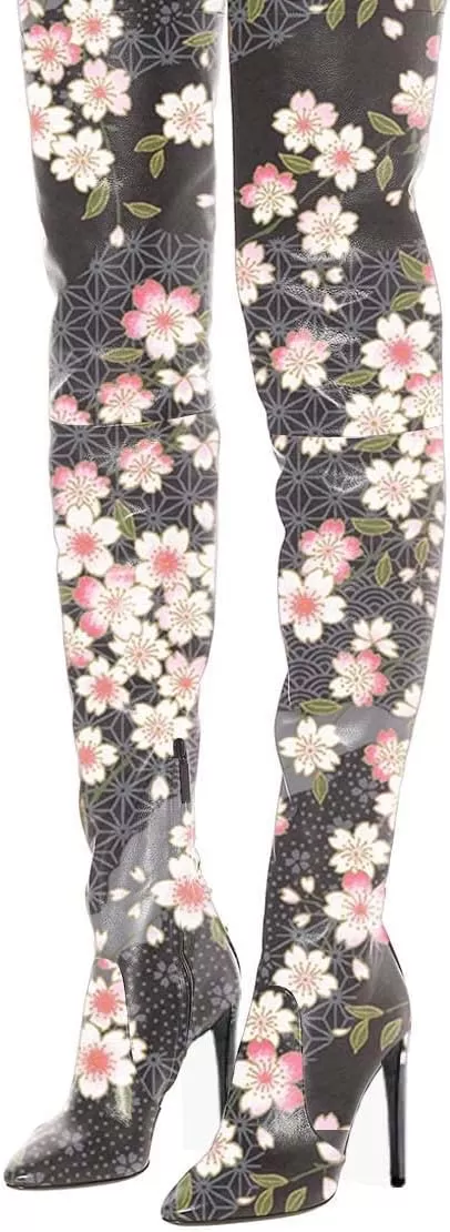 imageFSJ Women Fashion Pointed Toe Stiletto Heel Thigh High Over The Knee Boots Pull On Side Zipper Patent Leather Winter Shoes Size 415 USPink Flower