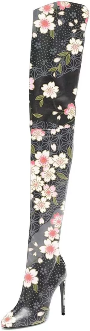 imageFSJ Women Fashion Pointed Toe Stiletto Heel Thigh High Over The Knee Boots Pull On Side Zipper Patent Leather Winter Shoes Size 415 USPink Flower