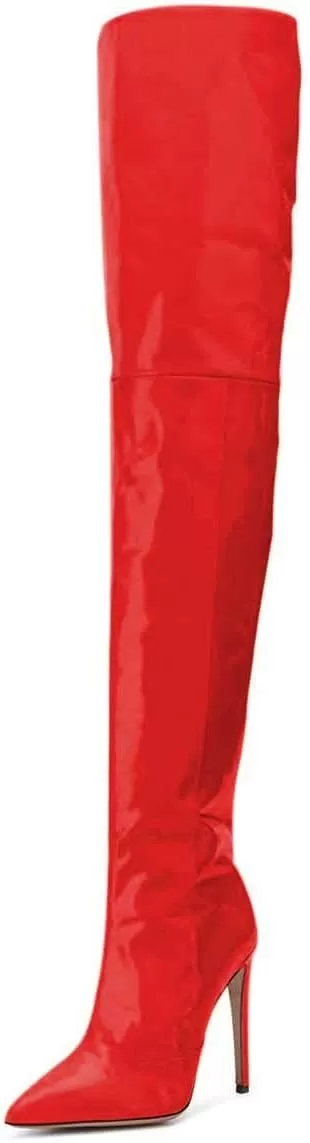 imageFSJ Women Fashion Pointed Toe Stiletto Heel Thigh High Over The Knee Boots Pull On Side Zipper Patent Leather Winter Shoes Size 415 USRed