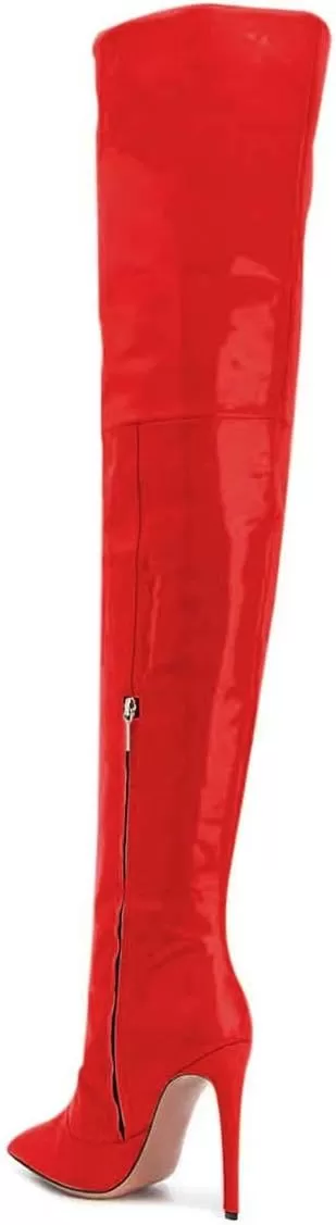 imageFSJ Women Fashion Pointed Toe Stiletto Heel Thigh High Over The Knee Boots Pull On Side Zipper Patent Leather Winter Shoes Size 415 USRed