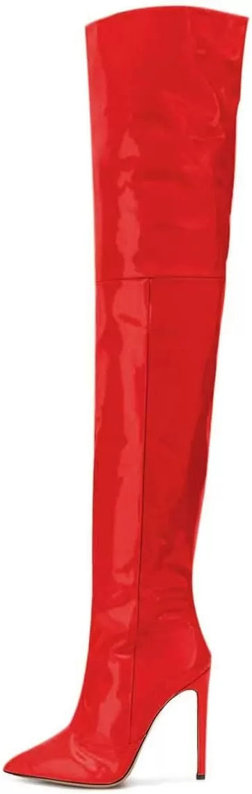 imageFSJ Women Fashion Pointed Toe Stiletto Heel Thigh High Over The Knee Boots Pull On Side Zipper Patent Leather Winter Shoes Size 415 USRed