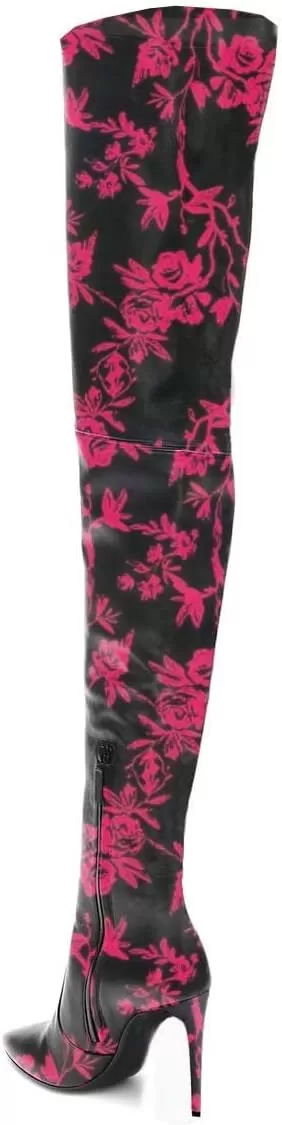 imageFSJ Women Fashion Pointed Toe Stiletto Heel Thigh High Over The Knee Boots Pull On Side Zipper Patent Leather Winter Shoes Size 415 USRed Flower