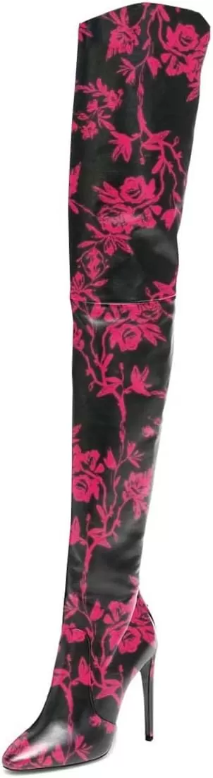 imageFSJ Women Fashion Pointed Toe Stiletto Heel Thigh High Over The Knee Boots Pull On Side Zipper Patent Leather Winter Shoes Size 415 USRed Flower