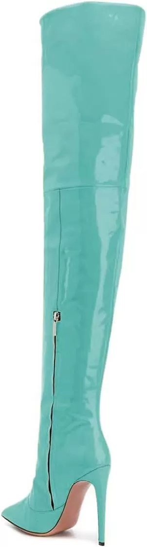 imageFSJ Women Fashion Pointed Toe Stiletto Heel Thigh High Over The Knee Boots Pull On Side Zipper Patent Leather Winter Shoes Size 415 USTurquoise