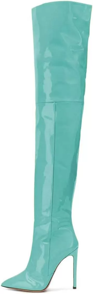 imageFSJ Women Fashion Pointed Toe Stiletto Heel Thigh High Over The Knee Boots Pull On Side Zipper Patent Leather Winter Shoes Size 415 USTurquoise