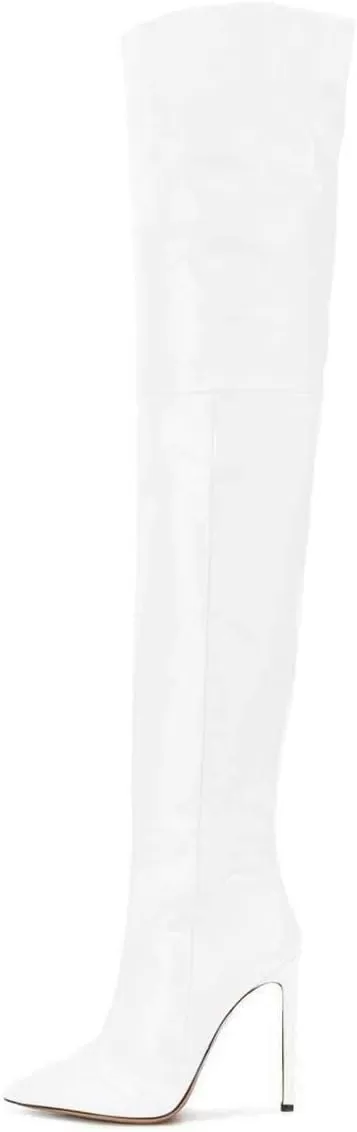 imageFSJ Women Fashion Pointed Toe Stiletto Heel Thigh High Over The Knee Boots Pull On Side Zipper Patent Leather Winter Shoes Size 415 USWhite