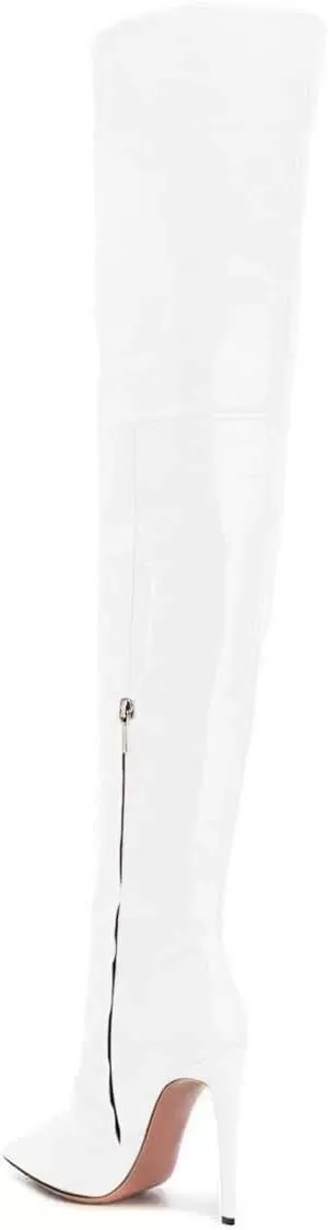 imageFSJ Women Fashion Pointed Toe Stiletto Heel Thigh High Over The Knee Boots Pull On Side Zipper Patent Leather Winter Shoes Size 415 USWhite