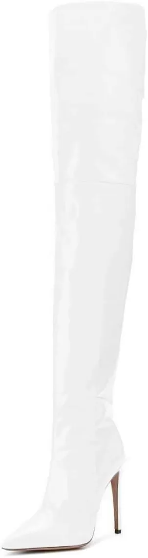 imageFSJ Women Fashion Pointed Toe Stiletto Heel Thigh High Over The Knee Boots Pull On Side Zipper Patent Leather Winter Shoes Size 415 USWhite