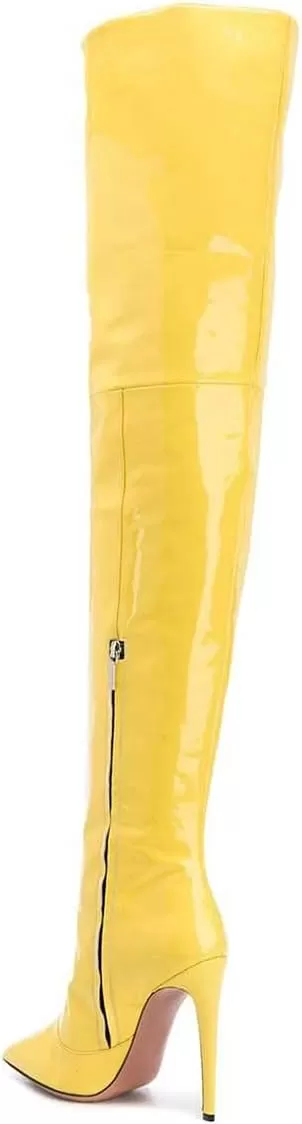 imageFSJ Women Fashion Pointed Toe Stiletto Heel Thigh High Over The Knee Boots Pull On Side Zipper Patent Leather Winter Shoes Size 415 USYellow