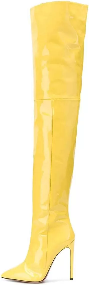 imageFSJ Women Fashion Pointed Toe Stiletto Heel Thigh High Over The Knee Boots Pull On Side Zipper Patent Leather Winter Shoes Size 415 USYellow