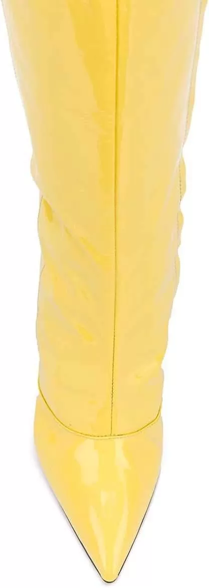imageFSJ Women Fashion Pointed Toe Stiletto Heel Thigh High Over The Knee Boots Pull On Side Zipper Patent Leather Winter Shoes Size 415 USYellow