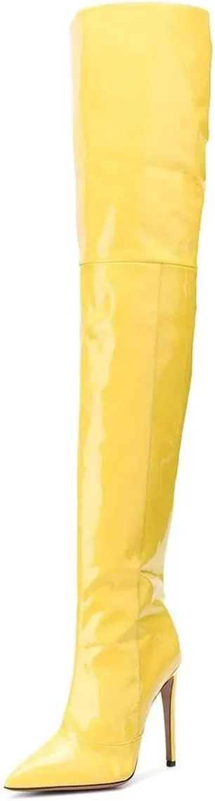 imageFSJ Women Fashion Pointed Toe Stiletto Heel Thigh High Over The Knee Boots Pull On Side Zipper Patent Leather Winter Shoes Size 415 USYellow