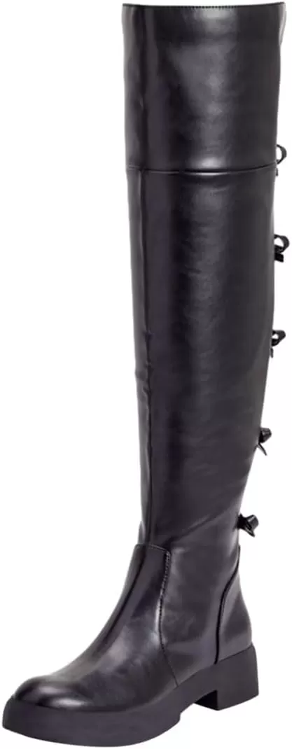 imageFSJ Women Over The Knee Boots Round Toe Side Zipper Low Block Heel Flat Long Booties Small Bow Decor Fashion Dress Thigh High Boots Size 415 USBlack