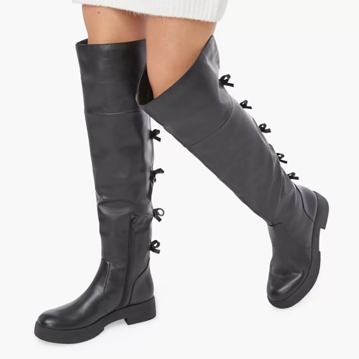 imageFSJ Women Over The Knee Boots Round Toe Side Zipper Low Block Heel Flat Long Booties Small Bow Decor Fashion Dress Thigh High Boots Size 415 USBlack
