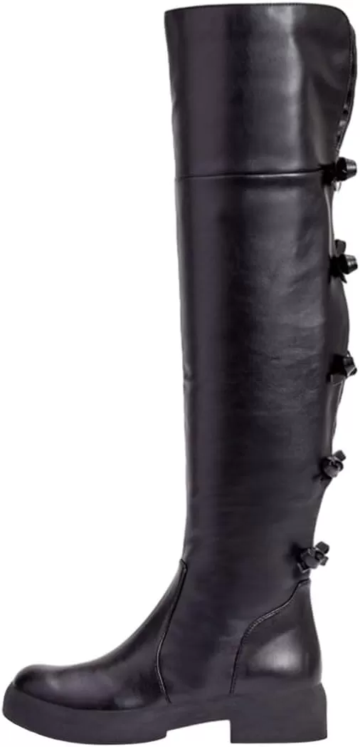 imageFSJ Women Over The Knee Boots Round Toe Side Zipper Low Block Heel Flat Long Booties Small Bow Decor Fashion Dress Thigh High Boots Size 415 USBlack