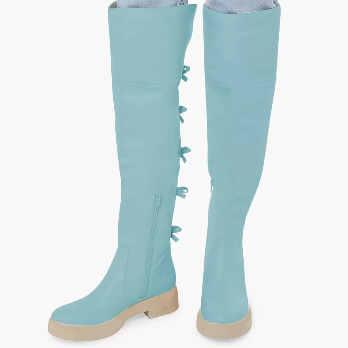 imageFSJ Women Over The Knee Boots Round Toe Side Zipper Low Block Heel Flat Long Booties Small Bow Decor Fashion Dress Thigh High Boots Size 415 USBlue