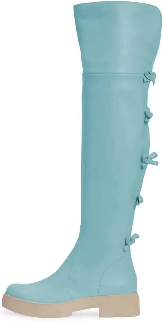imageFSJ Women Over The Knee Boots Round Toe Side Zipper Low Block Heel Flat Long Booties Small Bow Decor Fashion Dress Thigh High Boots Size 415 USBlue