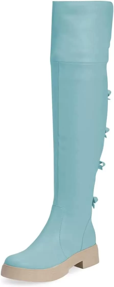 imageFSJ Women Over The Knee Boots Round Toe Side Zipper Low Block Heel Flat Long Booties Small Bow Decor Fashion Dress Thigh High Boots Size 415 USBlue