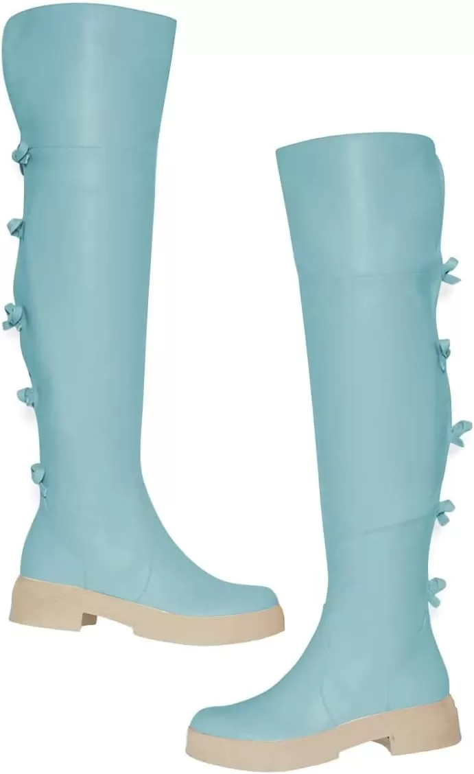 imageFSJ Women Over The Knee Boots Round Toe Side Zipper Low Block Heel Flat Long Booties Small Bow Decor Fashion Dress Thigh High Boots Size 415 USBlue