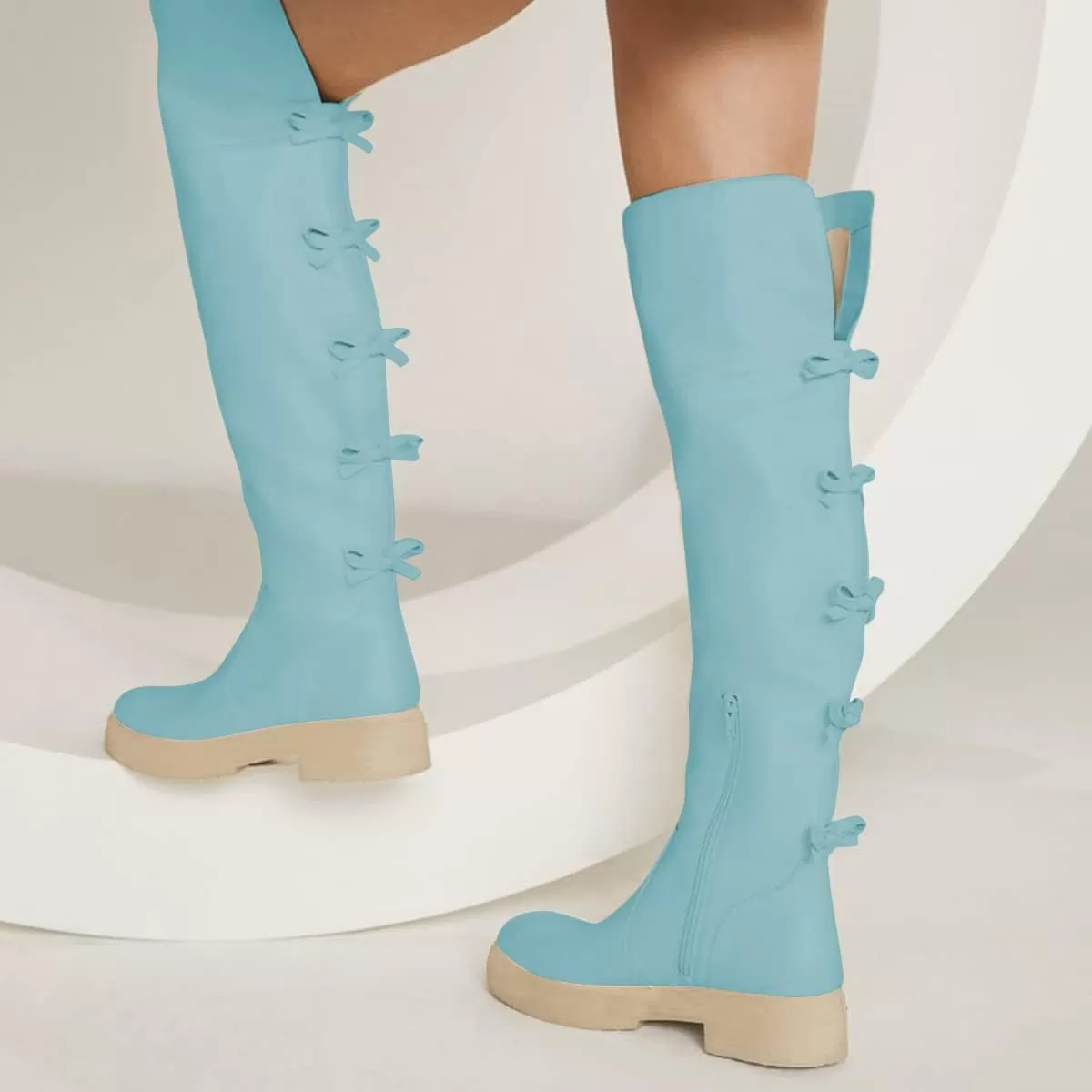 imageFSJ Women Over The Knee Boots Round Toe Side Zipper Low Block Heel Flat Long Booties Small Bow Decor Fashion Dress Thigh High Boots Size 415 USBlue