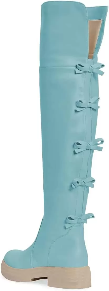 imageFSJ Women Over The Knee Boots Round Toe Side Zipper Low Block Heel Flat Long Booties Small Bow Decor Fashion Dress Thigh High Boots Size 415 USBlue