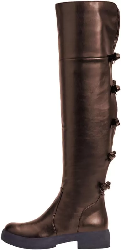 imageFSJ Women Over The Knee Boots Round Toe Side Zipper Low Block Heel Flat Long Booties Small Bow Decor Fashion Dress Thigh High Boots Size 415 USBrown