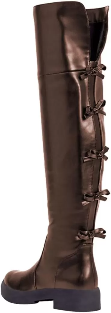 imageFSJ Women Over The Knee Boots Round Toe Side Zipper Low Block Heel Flat Long Booties Small Bow Decor Fashion Dress Thigh High Boots Size 415 USBrown