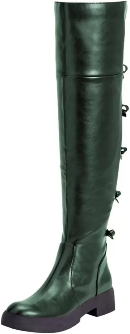 imageFSJ Women Over The Knee Boots Round Toe Side Zipper Low Block Heel Flat Long Booties Small Bow Decor Fashion Dress Thigh High Boots Size 415 USDark Green