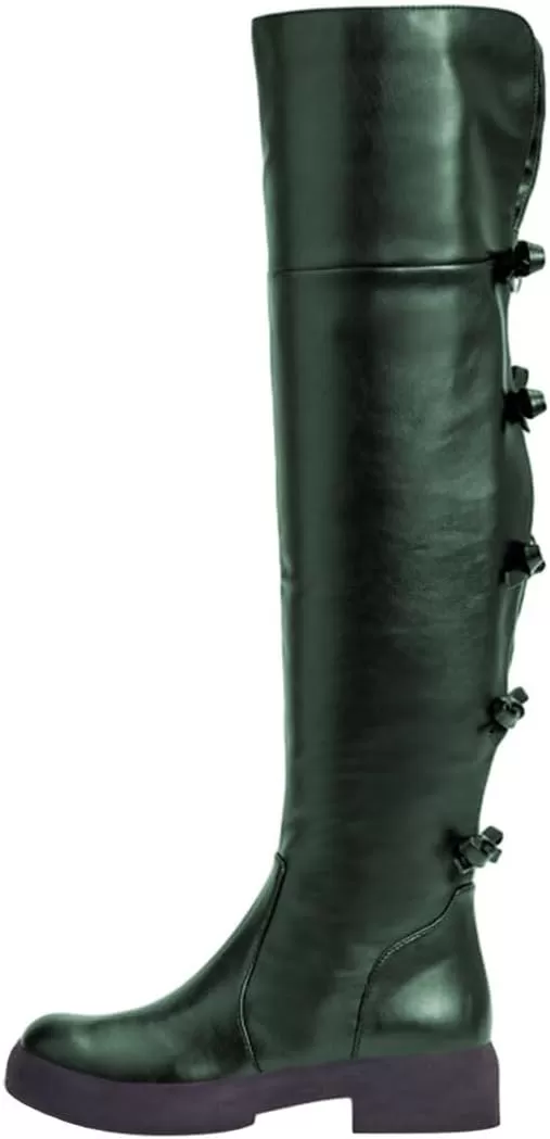 imageFSJ Women Over The Knee Boots Round Toe Side Zipper Low Block Heel Flat Long Booties Small Bow Decor Fashion Dress Thigh High Boots Size 415 USDark Green