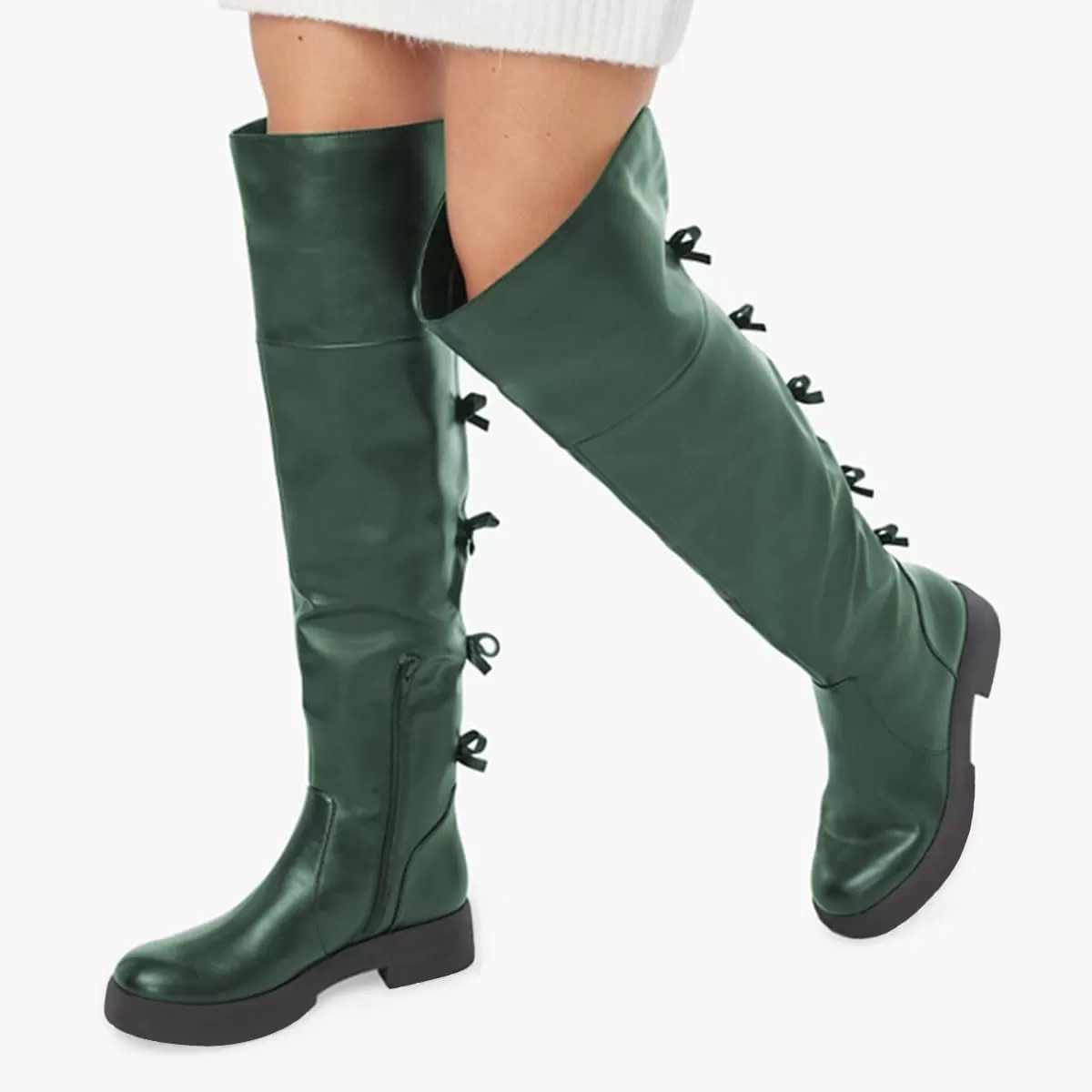 imageFSJ Women Over The Knee Boots Round Toe Side Zipper Low Block Heel Flat Long Booties Small Bow Decor Fashion Dress Thigh High Boots Size 415 USDark Green
