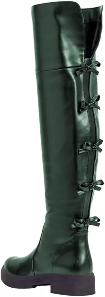 imageFSJ Women Over The Knee Boots Round Toe Side Zipper Low Block Heel Flat Long Booties Small Bow Decor Fashion Dress Thigh High Boots Size 415 USDark Green