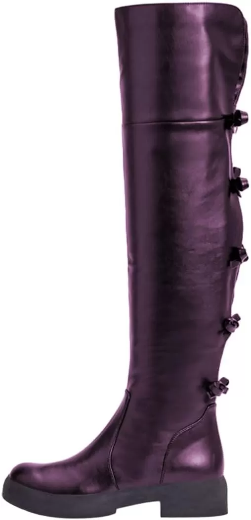 imageFSJ Women Over The Knee Boots Round Toe Side Zipper Low Block Heel Flat Long Booties Small Bow Decor Fashion Dress Thigh High Boots Size 415 USDark Purple
