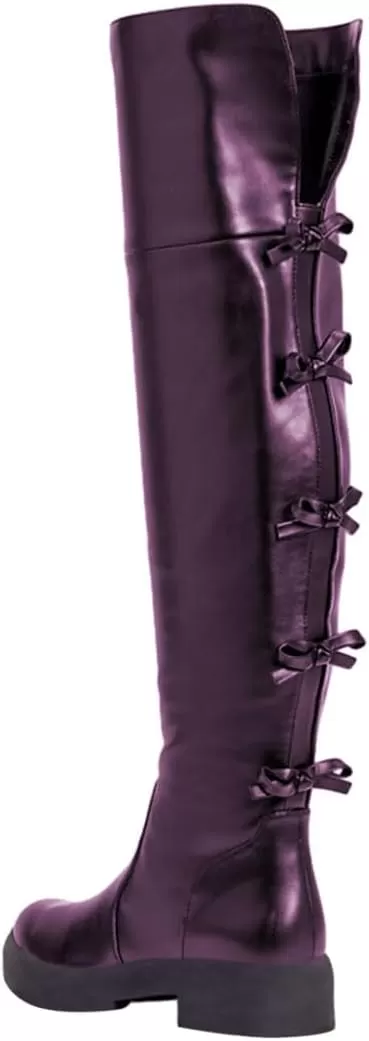 imageFSJ Women Over The Knee Boots Round Toe Side Zipper Low Block Heel Flat Long Booties Small Bow Decor Fashion Dress Thigh High Boots Size 415 USDark Purple