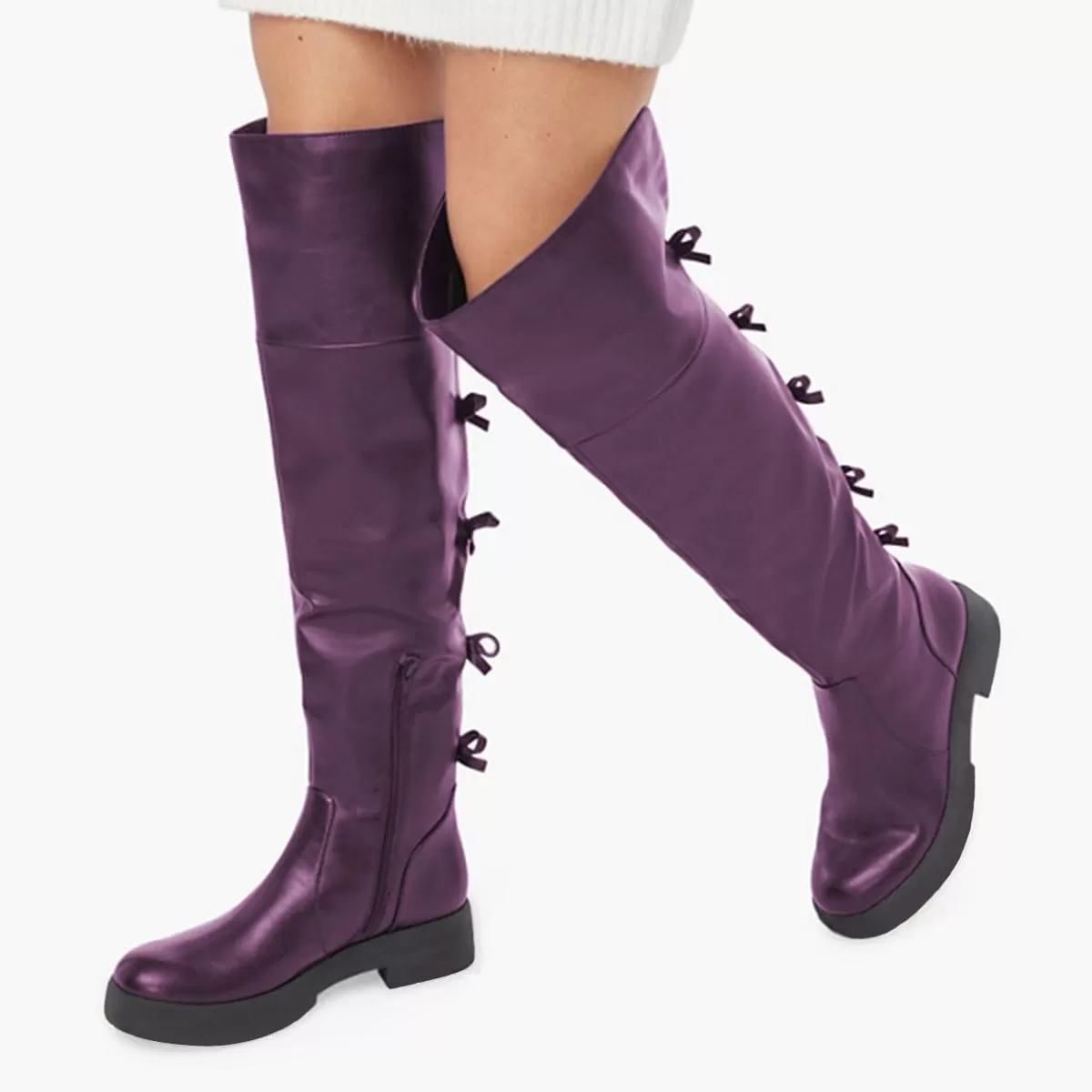 imageFSJ Women Over The Knee Boots Round Toe Side Zipper Low Block Heel Flat Long Booties Small Bow Decor Fashion Dress Thigh High Boots Size 415 USDark Purple