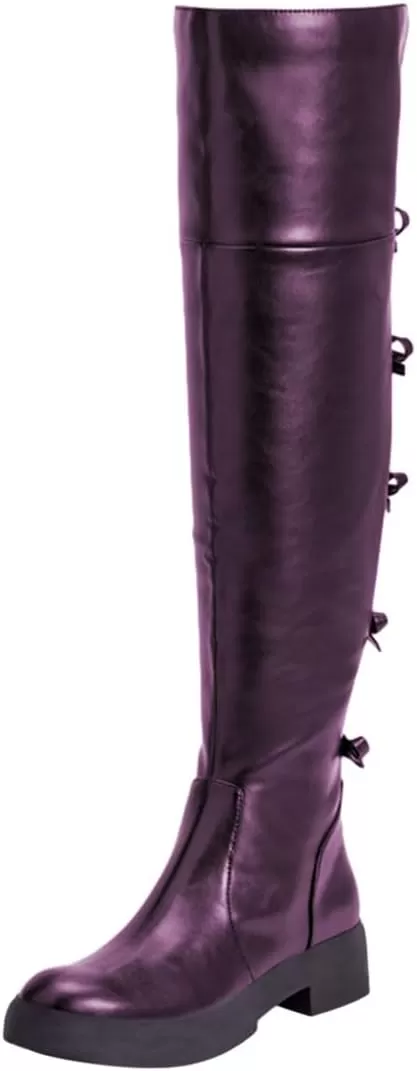 imageFSJ Women Over The Knee Boots Round Toe Side Zipper Low Block Heel Flat Long Booties Small Bow Decor Fashion Dress Thigh High Boots Size 415 USDark Purple