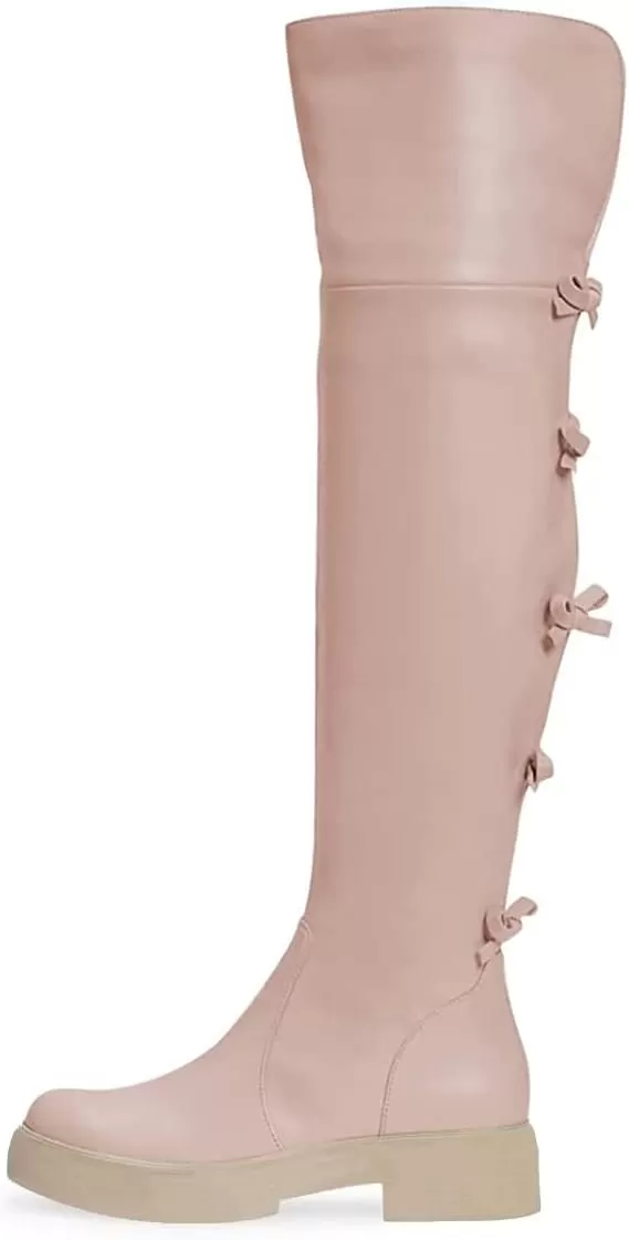 imageFSJ Women Over The Knee Boots Round Toe Side Zipper Low Block Heel Flat Long Booties Small Bow Decor Fashion Dress Thigh High Boots Size 415 USPink