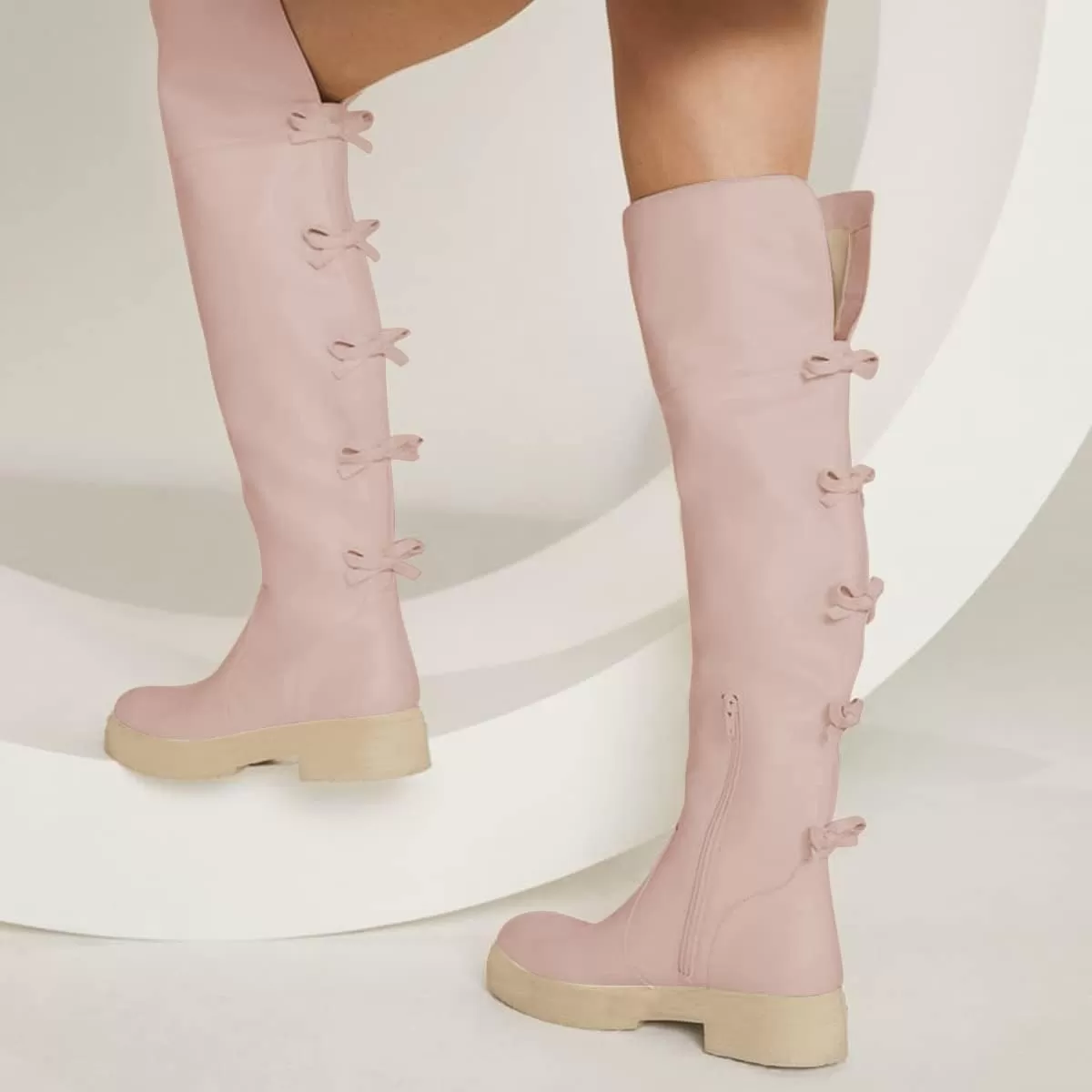 imageFSJ Women Over The Knee Boots Round Toe Side Zipper Low Block Heel Flat Long Booties Small Bow Decor Fashion Dress Thigh High Boots Size 415 USPink