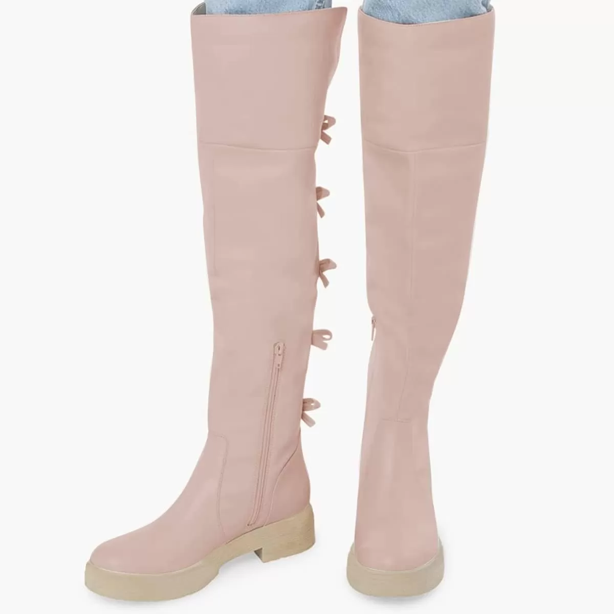 imageFSJ Women Over The Knee Boots Round Toe Side Zipper Low Block Heel Flat Long Booties Small Bow Decor Fashion Dress Thigh High Boots Size 415 USPink