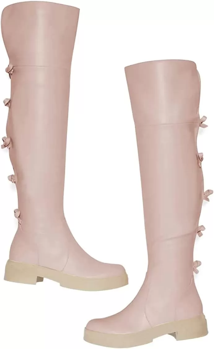 imageFSJ Women Over The Knee Boots Round Toe Side Zipper Low Block Heel Flat Long Booties Small Bow Decor Fashion Dress Thigh High Boots Size 415 USPink