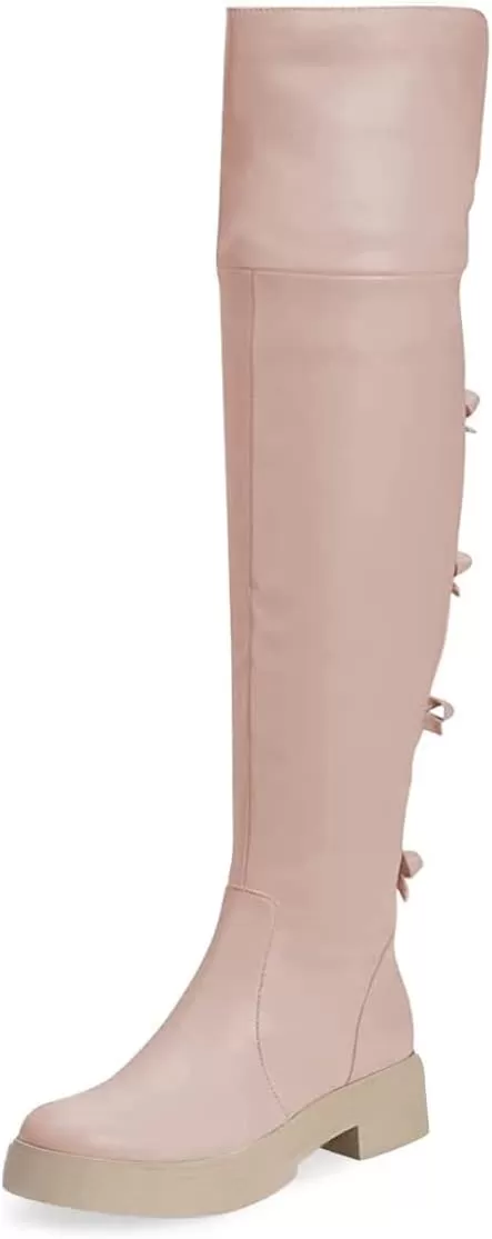imageFSJ Women Over The Knee Boots Round Toe Side Zipper Low Block Heel Flat Long Booties Small Bow Decor Fashion Dress Thigh High Boots Size 415 USPink